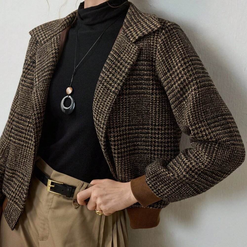 Brown Elegant Women's Plaid Woven Turndown Collar Sleeve Buttoned Jacket - Picture 3 of 8